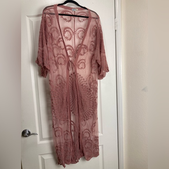 Rebellion Again Sweaters - Dusty Rose color Rebellion Again lace sheer duster long open kimono